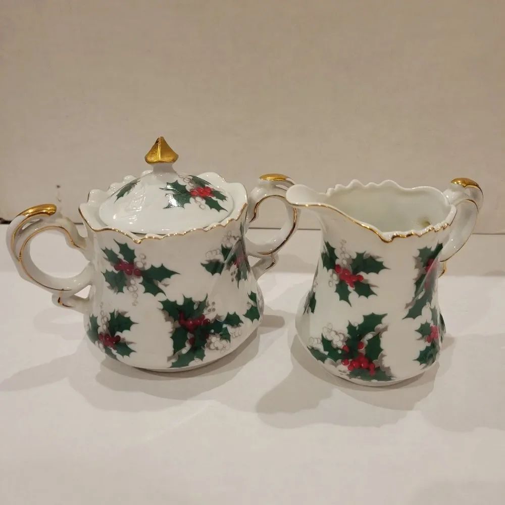 Vintage Lefton Holly Sugar & Creamer Set